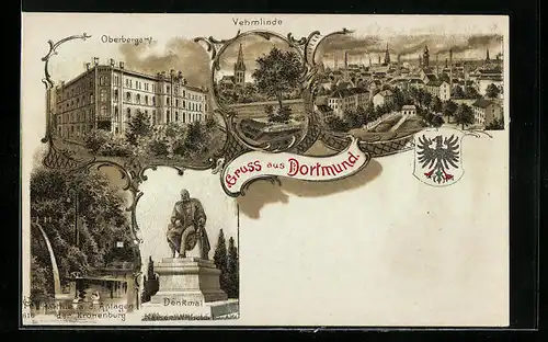 Lithographie Dortmund, Oberbergamt, Vehmlinde, Denkmal, Anlagen der Kronenburg