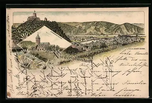 Lithographie Niederlahnstein, Ortsansicht, Johanniskirche