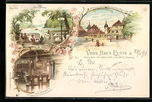 Lithographie Eutin, Voss-Brücke und Wohnhaus des Dichters Joh. Heinr. Voss