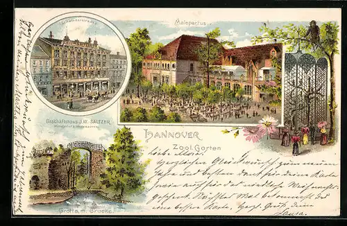 Lithographie Hannover, Gasthaus Malepartus, Geschäftshaus J. W. Saltzer, Seilwinderstrasse, Zool. Garten
