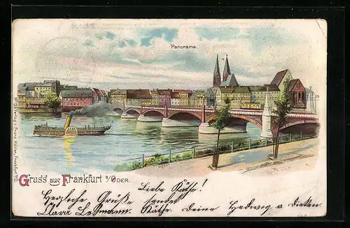 Lithographie Frankfurt /Oder, Panorama mit Brücke und Dampfer