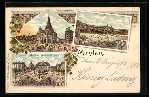Lithographie München, Bahnhof, Gasthaus Löwenbräukeller