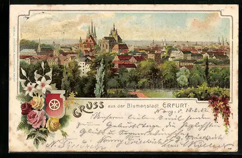 Lithographie Erfurt, Teilansicht aus der Vogelschau, Wappen