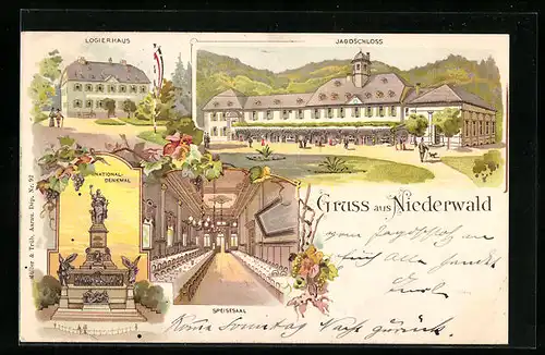 Lithographie Niederwald, Gasthaus Jagdschloss mit Logierhaus, National-Denkmal
