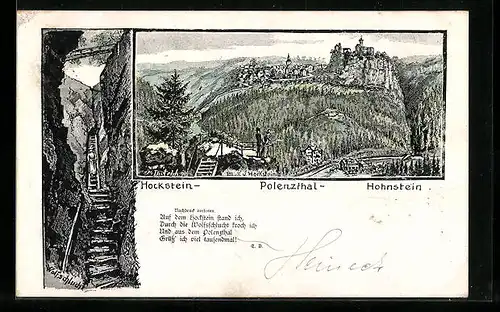 Lithographie Hohnstein, Ortsansicht mit Burg und Hohnstein, Wolfsschlucht