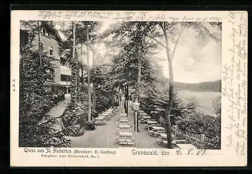 AK Berlin, Gasthaus St. Hubertus H. Gerting im Grunewald, Aussenansicht mit Seeblick