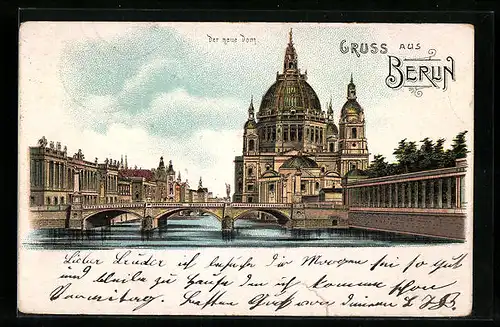 Lithographie Berlin, Der neue Dom, mit Brücke und Arkadengang