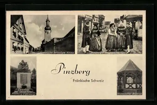 AK Pinzberg /Fränkische Schweiz, Strassenpartie mit Kirche, Trachten, Historischer Brunnen
