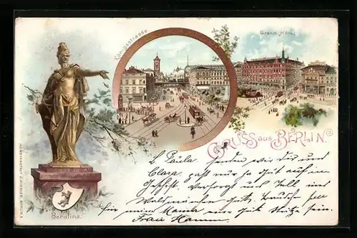 Lithographie Berlin, Königsstrasse, Berolina-Standbild mit Wappen, Grand Hotel