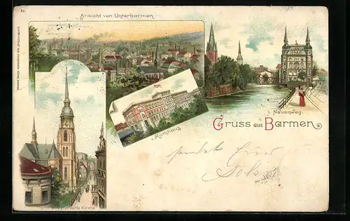 Lithographie Barmen, Ortsansicht Unterbarmen, Rathhaus Neuenweg