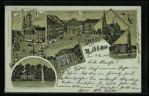 Mondschein-Lithographie Zittau, Kaiserliches Haupt-Postamt, Marktplatz m. Amtsgericht