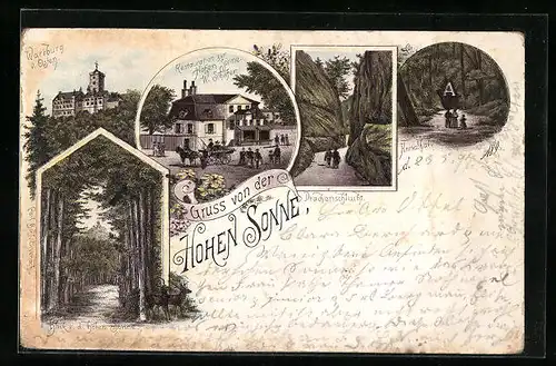 Lithographie Eisenach, Wartburg, Restauration zur Hohen Sonne, Drachenschlucht, Annathal