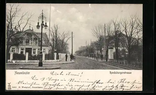 AK Neumünster, Rendsburgerstrasse mit Litfasssäule