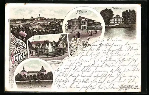 Lithographie Gotha, Hoftheater, Museum, Schloss Friedenstein