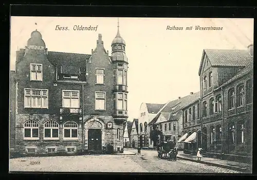 AK Hess. Oldendorf, Rathaus mit Weserstrasse