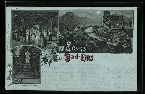 Mondschein-Lithographie Bad-Ems, Wandel-Bahn, Kurhof mit Kaiserwohnung