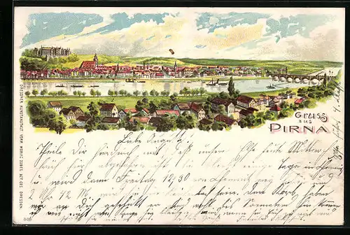 Lithographie Pirna, Totalansicht mit Fluss und Booten