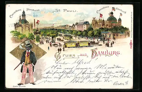 Lithographie Hamburg-St.Pauli, Concerthaus Hornhardt, St. Pauli mit Strassenbahnen