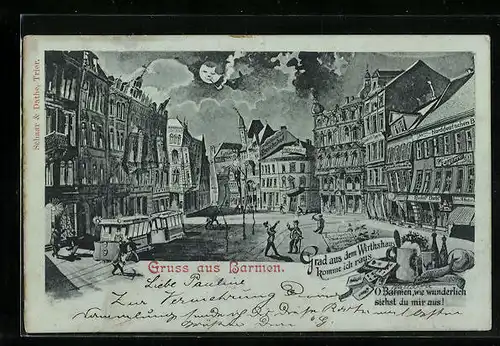 Wirtshaus-AK Barmen, Strassenpartie aus der Sicht eines Betrunkenen