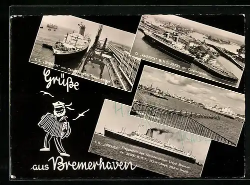AK Bremerhaven, Passagierschiffe TS Bremen, Ameriaca am Columbuskai, Geeste Vorhafen
