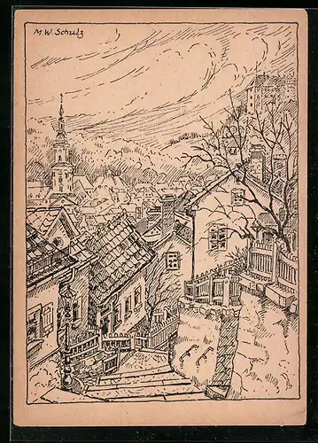 Künstler-AK Greiz, Blick über die Dächer der Altstadt