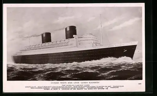 AK Passagierschiff Queen Elizabeth in voller Fahrt