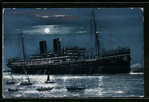 AK Passagierschiff S. S. Moldavia vor der Küste bei Mondschein
