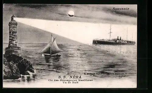AK Passagierschiff S. S. Nera auf hoher See, Leuchtturm