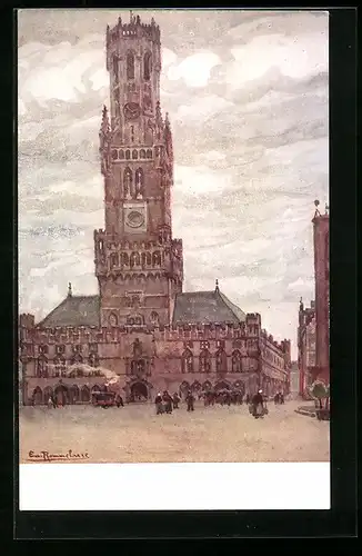 Künstler-AK Bruges, Platz mit Gebäudeansicht