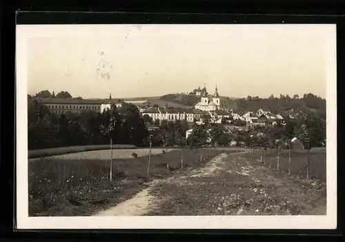 AK Zamberk, Blick über die Wiese auf die Ortschaft