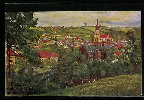 Künstler-AK Eupen, Panorama mit Kirche