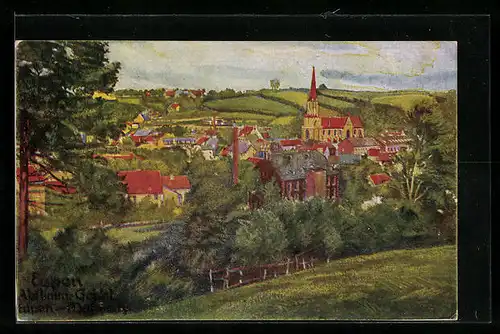 Künstler-AK Eupen, Panorama mit Kirche