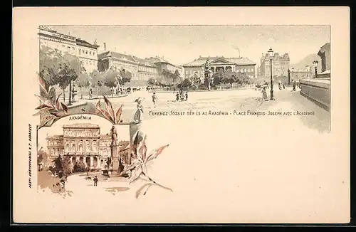 Lithographie Budapest, Akademia, Place Francois-Joseph avec L`Academie