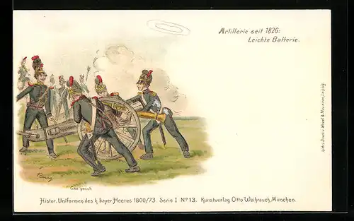 AK Soldaten der leichten Batterie in Uniform mit Kanone, Artillerie seit 1826