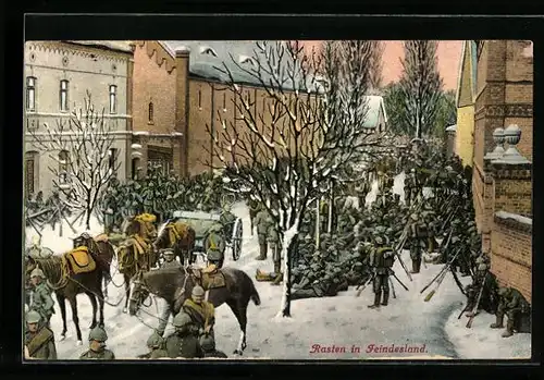AK Deutsche Soldaten der Infanterie bei der Rast im Feindesland im Winter