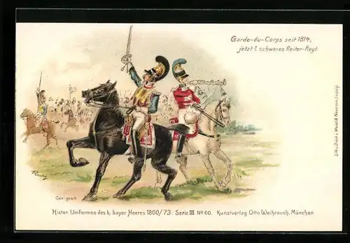 Lithographie Histor. Uniformen des k. bayer. Heeres 1800 /73, Garde-du-Corps seit 1814, jetzt 1. schweres Reiter-Regt.