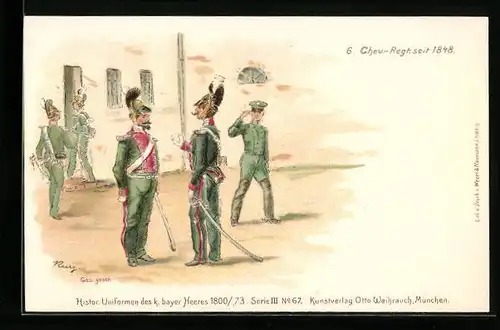 Lithographie Histor. Uniformen des k. bayer. Heeres 1800 /73, 6. Chev.-Regt. seit 1848