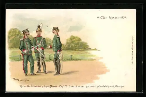 Lithographie Histor. Uniformen des k. bayer. Heeres 1800 /73, 4. Chev.-Regt. seit 1854