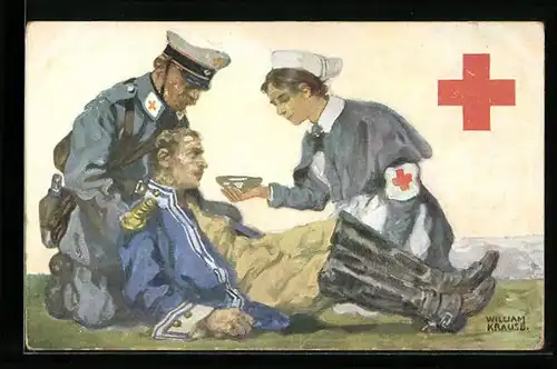 Künstler-AK Rotes Kreuz, Krankenschwester gibt einem Soldaten zu trinken