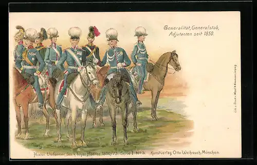 Lithographie Histor. Uniformen des bayer. Heeres 1800 /73, Generalität, Generalstab, Adjutanten seit 1850