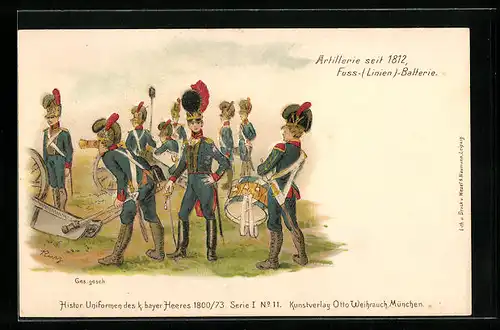 Lithographie Histor. Uniformen des k. bayer. Heeres 1800 /73, Artillerie seit 1812, Fuss-(Linien)-Batterie