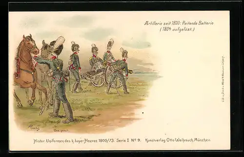 Lithographie Artillerie Regiment, Reitende Batterie, historische Uniformen des k. bayr. Heeres