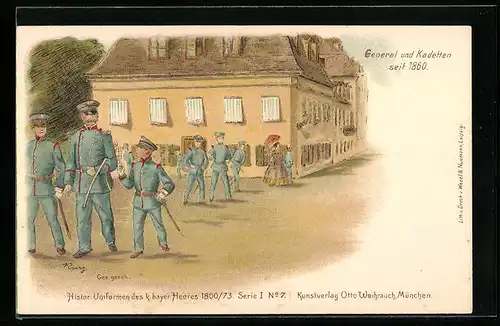 Lithographie Histor. Uniformen des k. bayer. Heeres 1800 /73, Uniform des Generals und Kadetten