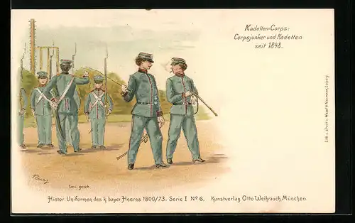 Lithographie Histor. Uniformen des k. bayer. Heeres 1800 /73, Kadetten-Corps, Corpsjunker und Kadetten seit 1848