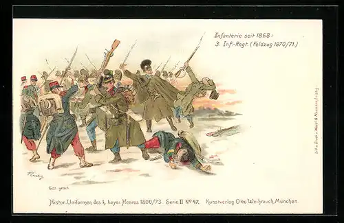 Lithographie Histor. Uniformen des k. bayer. Heeres 1800/73, 3. Inf.-Regiment, Feldzug 1870 /71