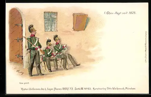 Lithographie Histor. Uniformen des k. bayer. Heeres 1800 /73, 1. Chev.-Regt. seit 1825