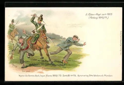 Lithographie Histor. Uniformen des k. bayer. Heeres 1800 /73, 2. Chev.-Regt. seit 1865