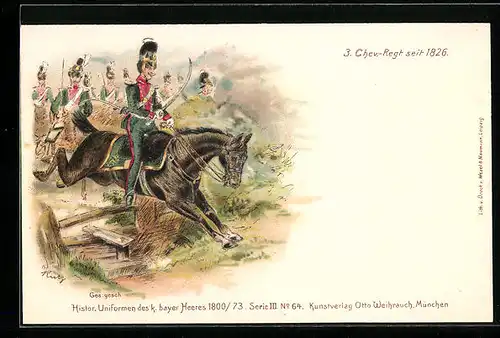 Lithographie Histor. Uniformen des k. bayer. Heeres 1800 /73, 3. Chev.-Regt. seit 1826
