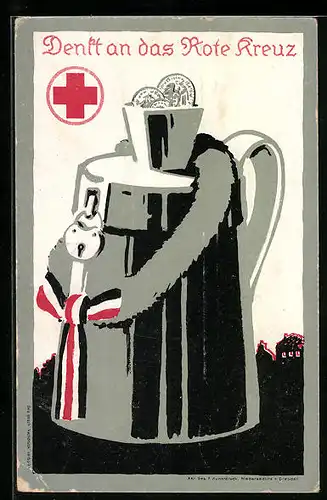 Künstler-AK Spendenbüchse mit Reichsfarben, Rotes Kreuz