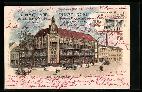AK Düsseldorf, G. Hettlage, grösstes Special-Geschäft Deutschlands, Ecke Kloster- u. Kreuzstrasse